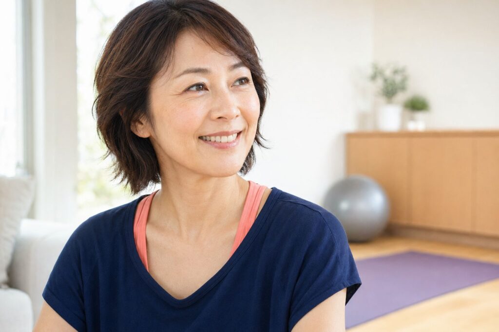 自宅でお腹まわりのトレーニングを楽しむ40代女性の明るい表情